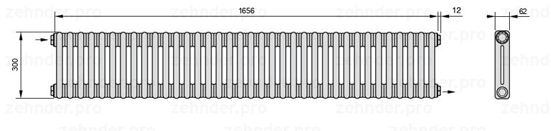 Схема (чертеж) Радиатор Zehnder Charleston 2030/36 №1670 Белый глянцевый RAL 9016